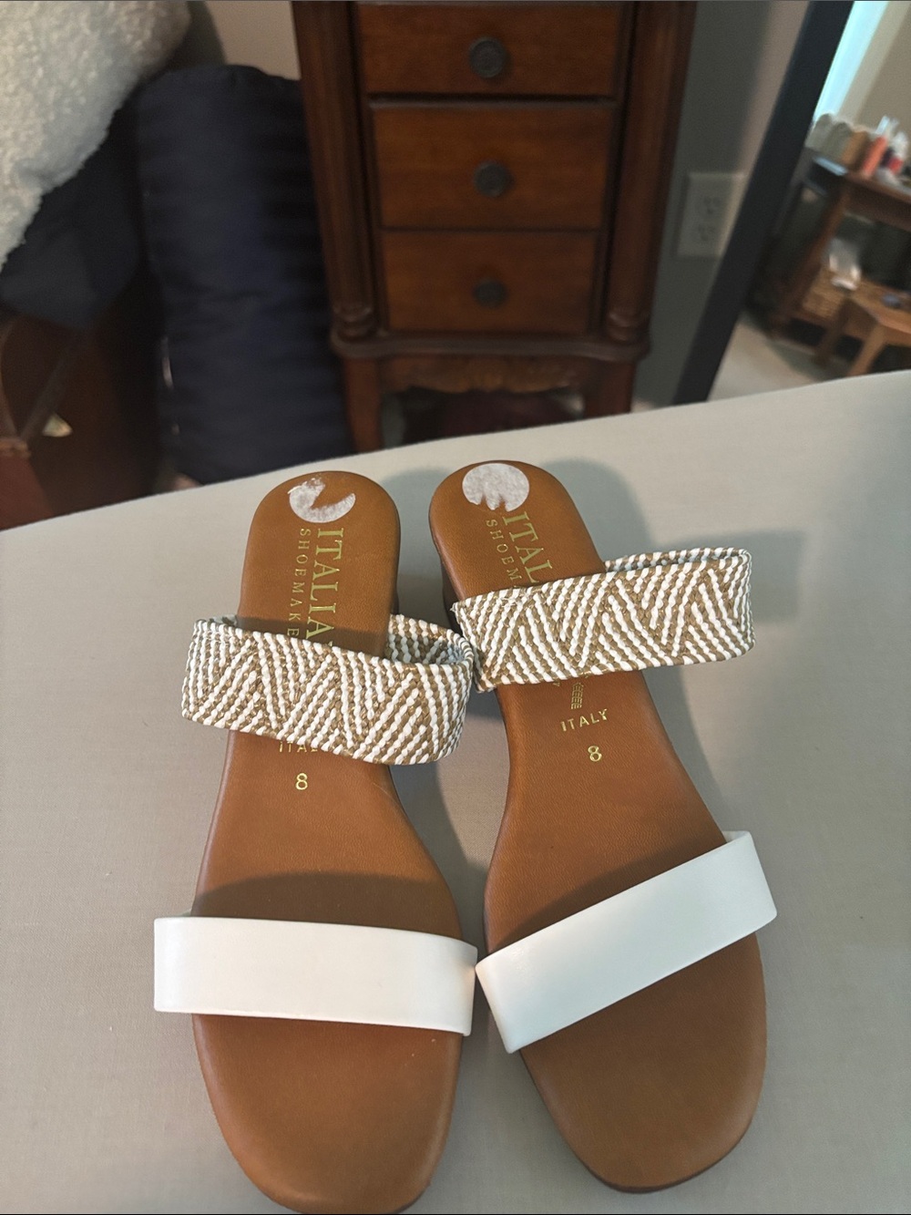 Italian Shoemakers White & Tan Beaded Double-Strap Slide Sandals